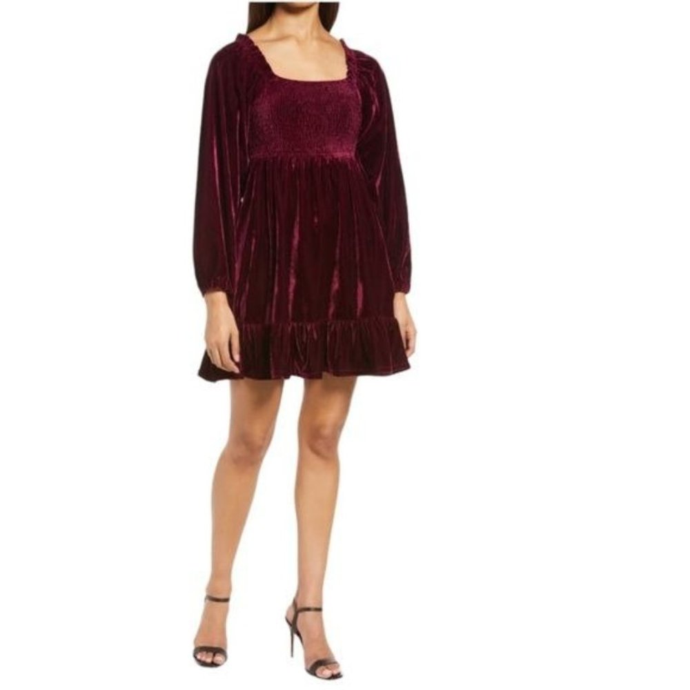 Nordstrom BTFL-life Velvet Long Sleeve Babydoll Dress, Dark Burgundy Size Medium